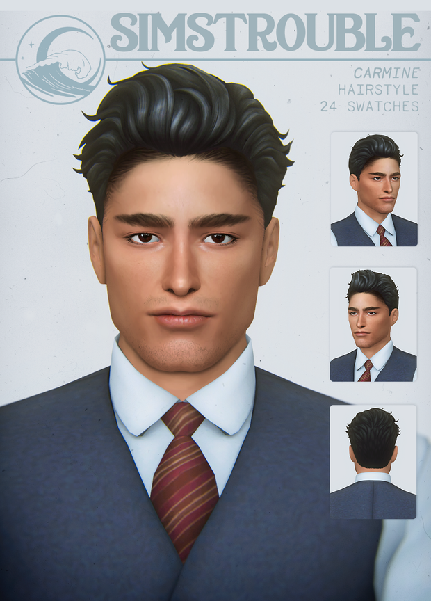 Ein Sim mit einem Hemd, Weste und Krawatte mit schwarzen Haaren.