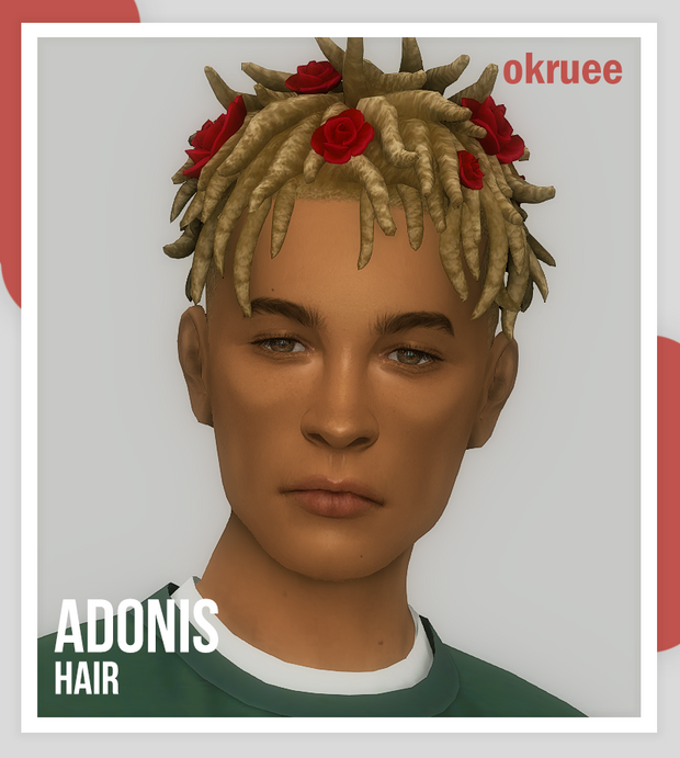 Ein Sim mit kurzen Dreadlocks, der kleine Blumen im Haar trägt.