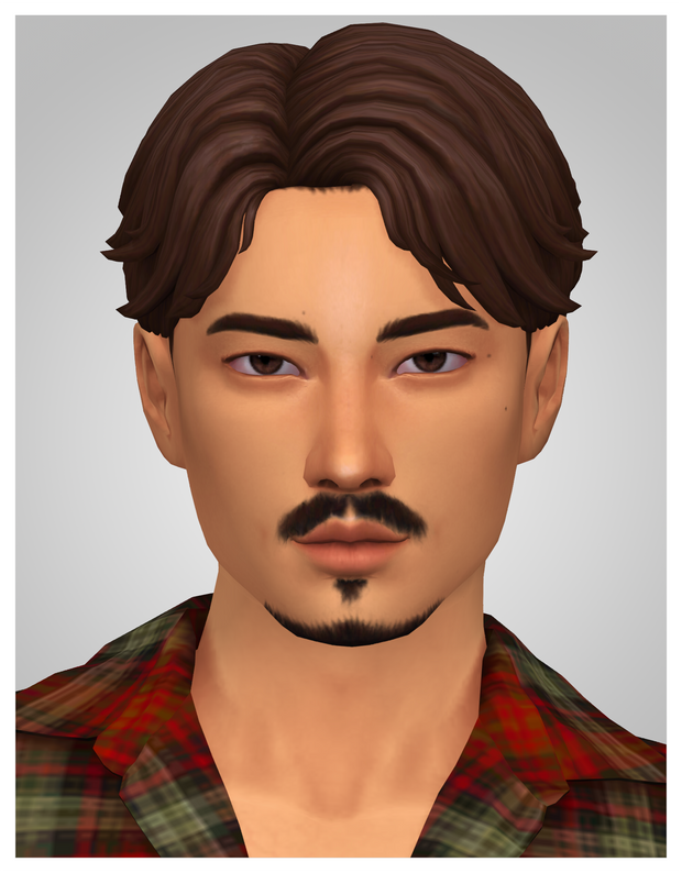 Ein Sim mit kurzen braunen Haaren und leichtem Gesichtshaar, der ein kariertes Hemd trägt.