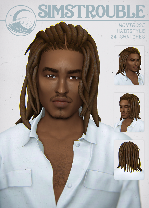 Ein männlicher Sim aus Die Sims 4, der cc Dreads als Haare trägt und ein weißes Hemd trägt.