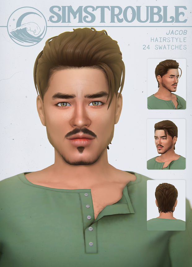 Ein Sim mit leichtem Gesichtshaar in einem grünen Hemd.