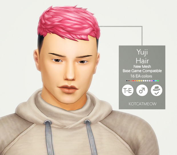 Ein Sim, der nach unten schaut und zweifarbige Haare mit Pink oben hat.