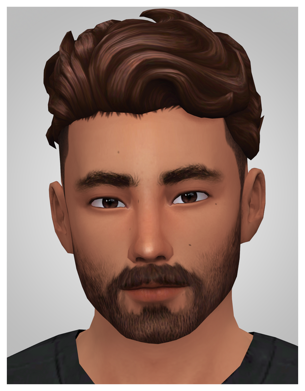 Ein Sim mit braunen Haaren, braunen Augen und einem braunen Bart.