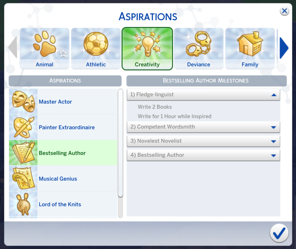 Sims 4 Bestseller-Autor-Aspiration Level 1