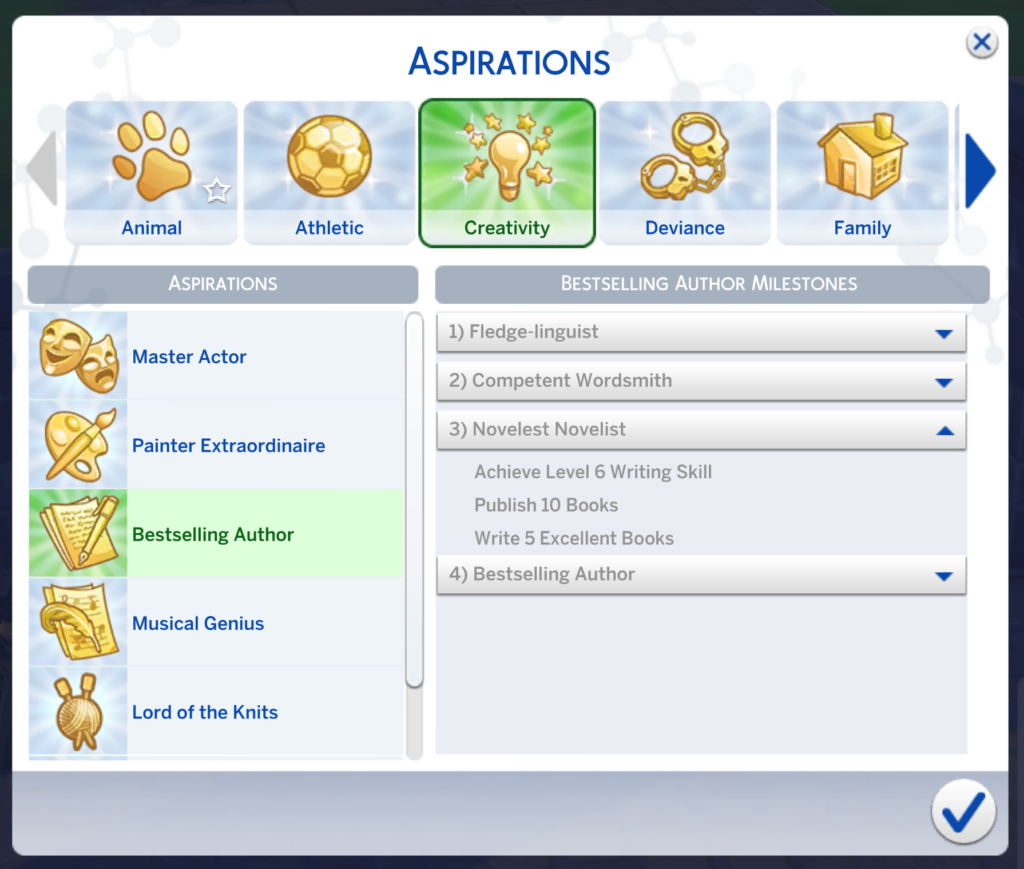 Die Sims 4 Bestseller-Autor Aspiration Meisterhafter Romanautor Stufe