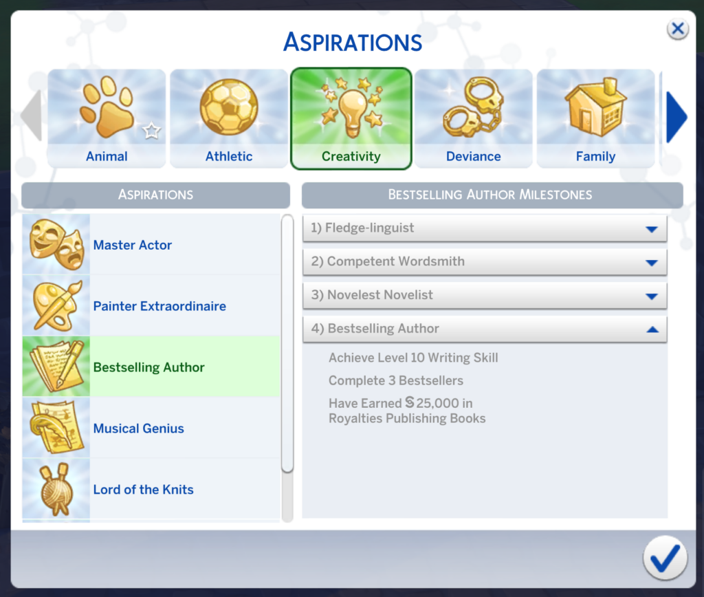 Sims 4 Bestsellerautor Aspiration Ebene Vier