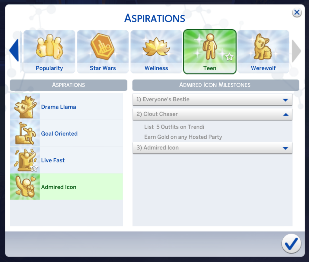 die Aspirationsseite für die 2. Stufe der Sims 4 Bewunderte Symbol-Aspiration