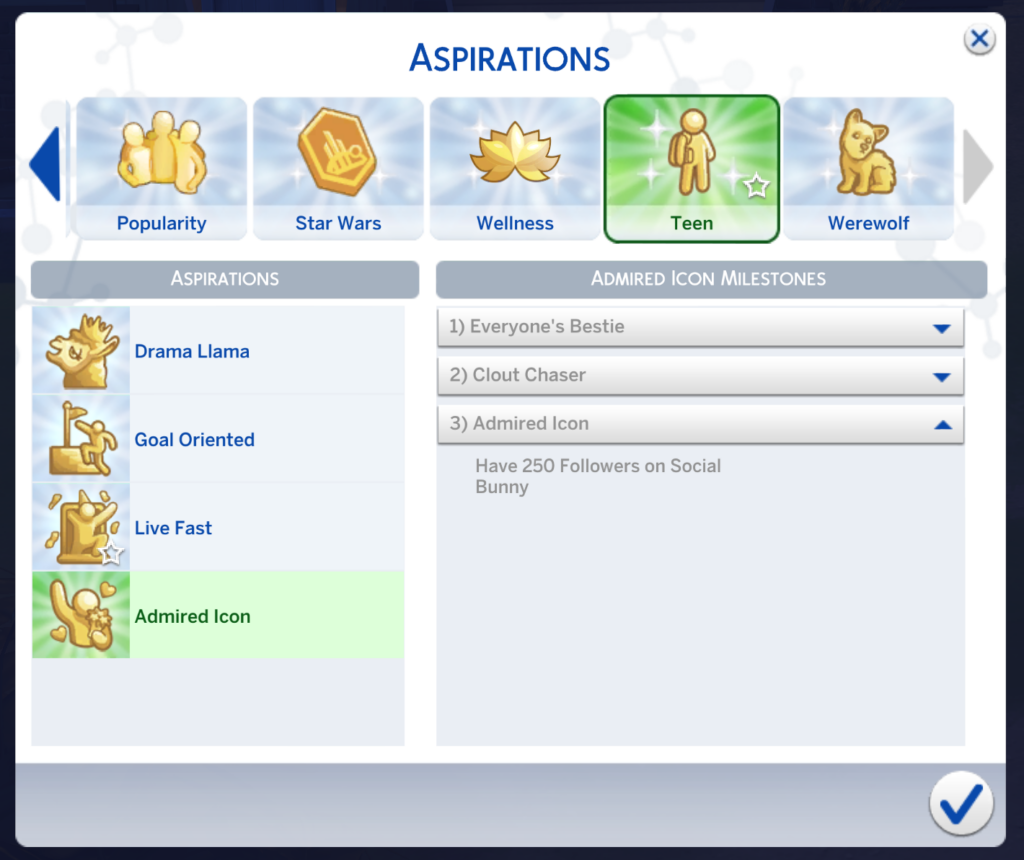 die Zielseite für die 3. Stufe des Sims 4 Bewundertes Symbol Aspiration