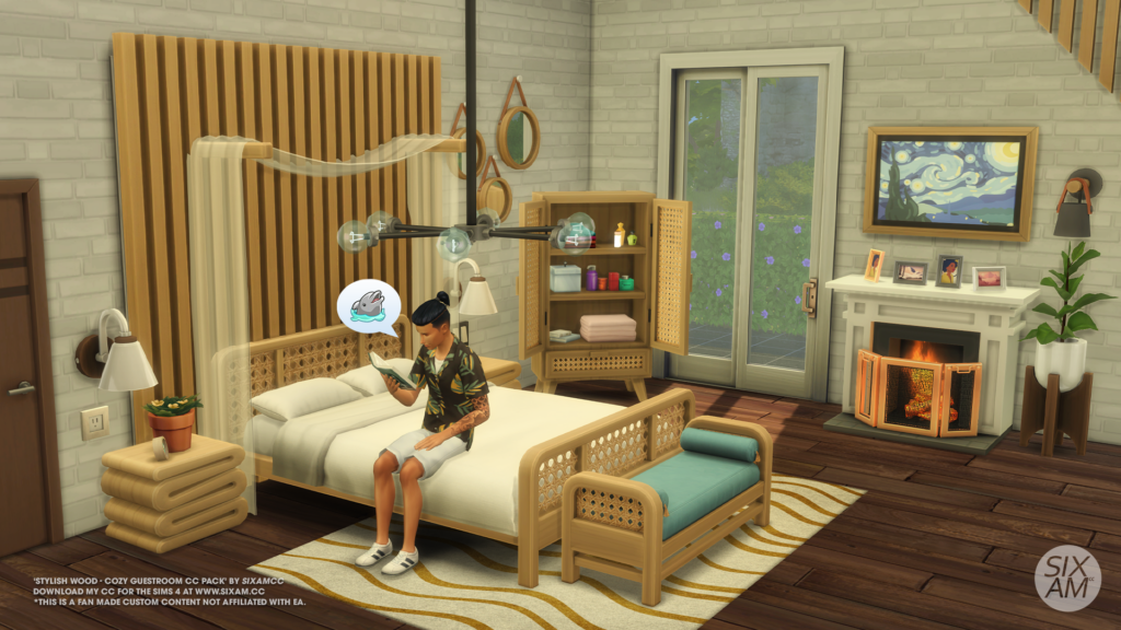 Ein Sim sitzt auf einem Bett und liest ein Buch über Delfine. Dieses Schlafzimmer ist mit Sims 4 CC-Möbeln gefüllt, einschließlich eines Kamins, eines Bettes, eines Hockers und mehr.