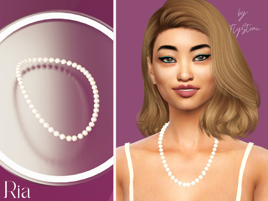 Ein Sim mit langen, blonden Haaren und türkisem Eyeliner. Sie trägt eine Perlenkette und ein weißes Tanktop. 
