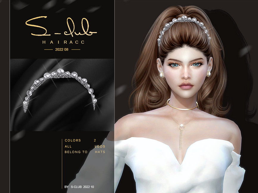 Ein Sim mit hellbraunem Haar, der ein Hochzeitskleid und ein großes Haarband mit Perlen trägt.