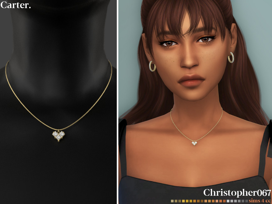 Ein Sim mit braunem Haar trägt ein schwarzes Tanktop. Er hat goldene Ohrringe und eine Halskette mit Diamanten an. 