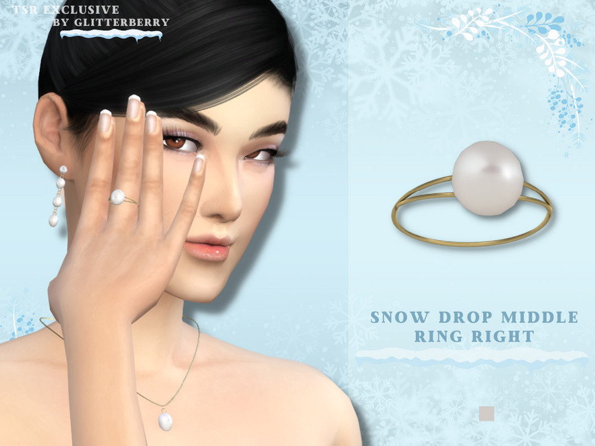 Eine Sim mit schwarzen Haaren zu einem Dutt gebunden, braunen Augen und einem Hochzeitskleid. Sie trägt einen Sims 4 CC Hochzeitsschmuckring, der ein dünner Band mit einer großen Perle ist.