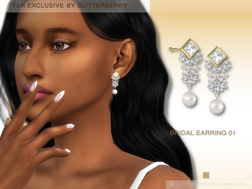 Ein Charakter aus Die Sims 4, der ein Paar CC-Accessoires als Brautohrring trägt.