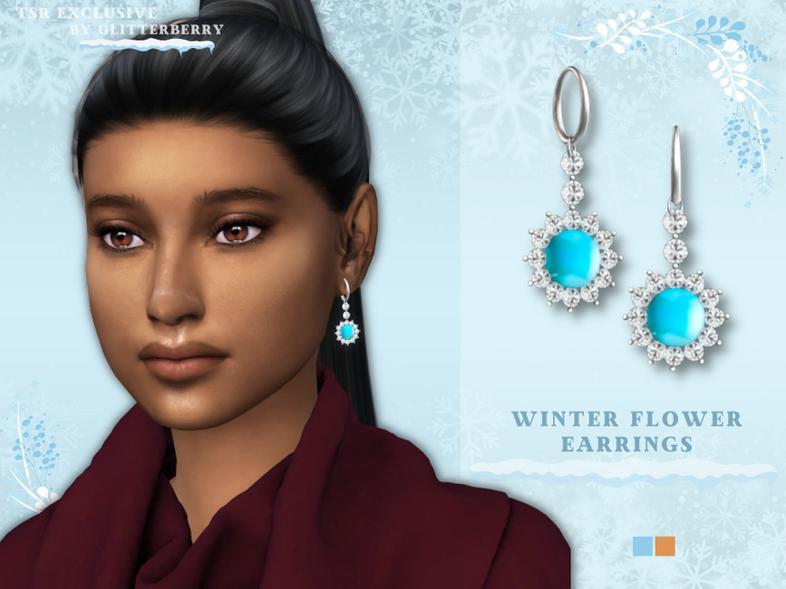 Ein Sim mit schwarzen Haaren und braunen Augen, der ein Paar Sims 4 CC Ohrringe trägt, mit einem Ring im Ohr, zwei Diamanten, die nach unten gehen, und einem großen Aquamarin, der von Diamanten umgeben ist, am unteren Ende.