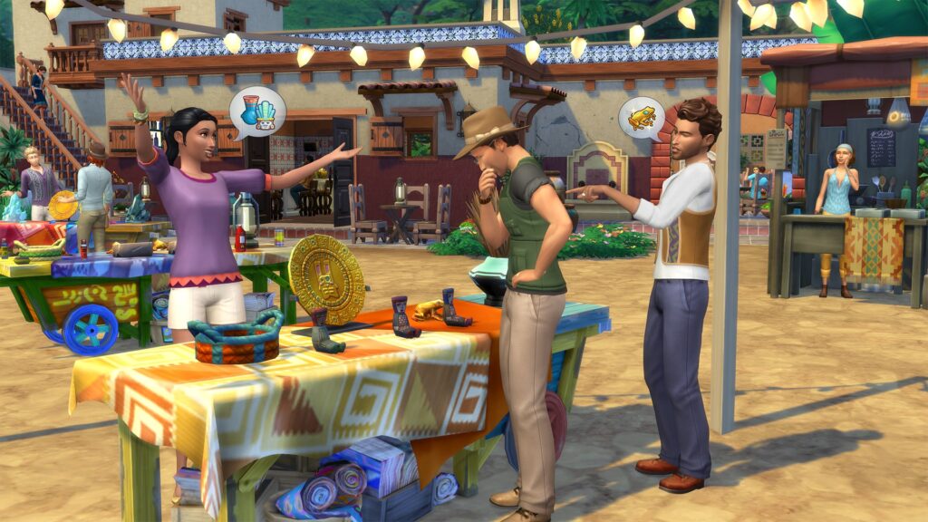 Zwei Sims in Die Sims 4, die die Selvadoradianische Kulturfähigkeit erlernt haben, ohne den Cheat zu verwenden, die um Gegenstände feilschen