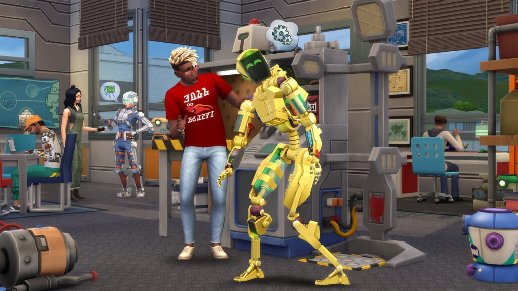 Ein Sim namens Cameron Fletcher in einem roten Hemd arbeitet mit dem Sims 4 Robotics Skill Cheat