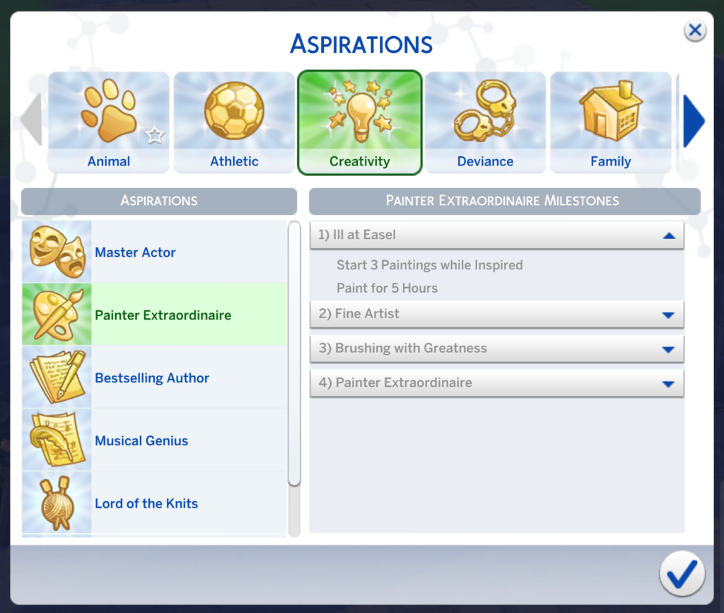 sims 4 Meistermaler-Aspiration Stufe eins