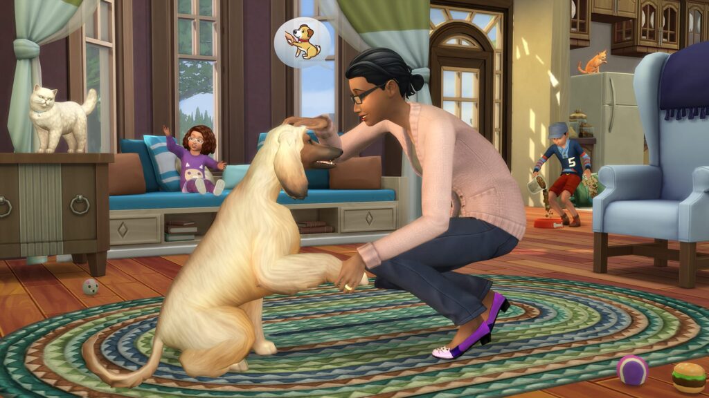 Ein Sim, der die Sims 4-Fähigkeit zum Haustiertraining verwendet, um seinem Haustier beizubringen, wie man die Pfote schüttelt.