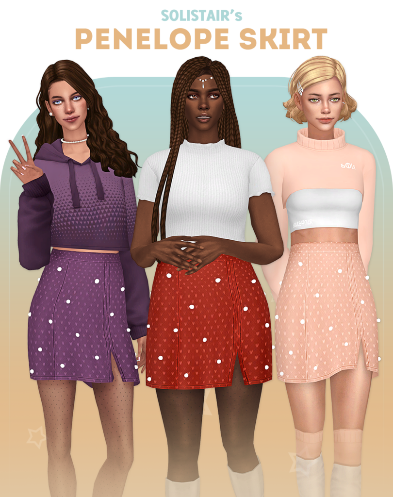Drei Sims stehen nebeneinander und tragen verschiedene Oberteile, jedoch alle verschiedene Varianten desselben Rockes. Diese Sims 4 CC Rock-Option ist einfarbig mit einem einfachen Muster und kleinen Perlen obendrauf.