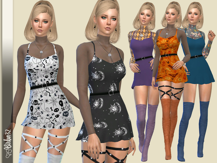Derselbe Sim fünfmal in einem Halloween-CC-Minikleid in Die Sims 4