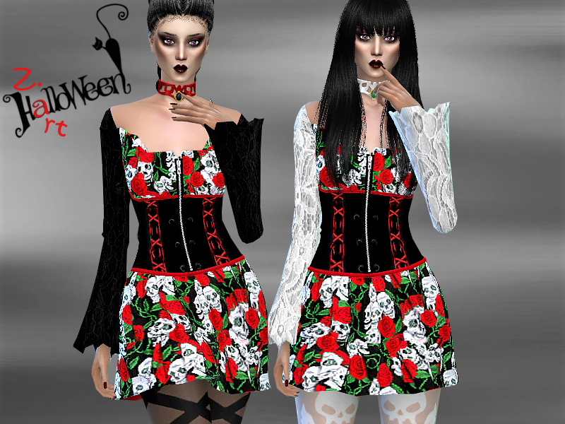 Zwei Sims tragen ein Kleid mit floralem und Schädelmuster, einem Korsett und Spitzenärmeln