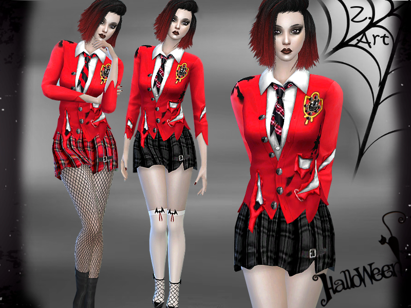 Eine Sim-Figur trägt eine zerrissene Schuluniform, ihr Make-up ist ebenfalls dunkel mit dunklem Lippenstift