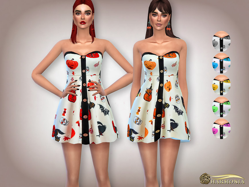 Zwei Sims stehen in einem Sims 4 Halloween-Kleid mit herzförmigem Ausschnitt. Dieses Kleid hat ein lustiges Muster und Knöpfe in der Mitte.