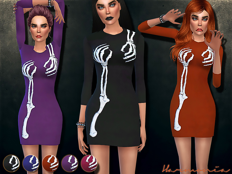 Eine Gruppe von Sims, die ein Sims 4 CC Halloween-Kleid tragen, ein Langarm-Sweater-Kleid mit skelettierten Händen, die sich um die Brust legen