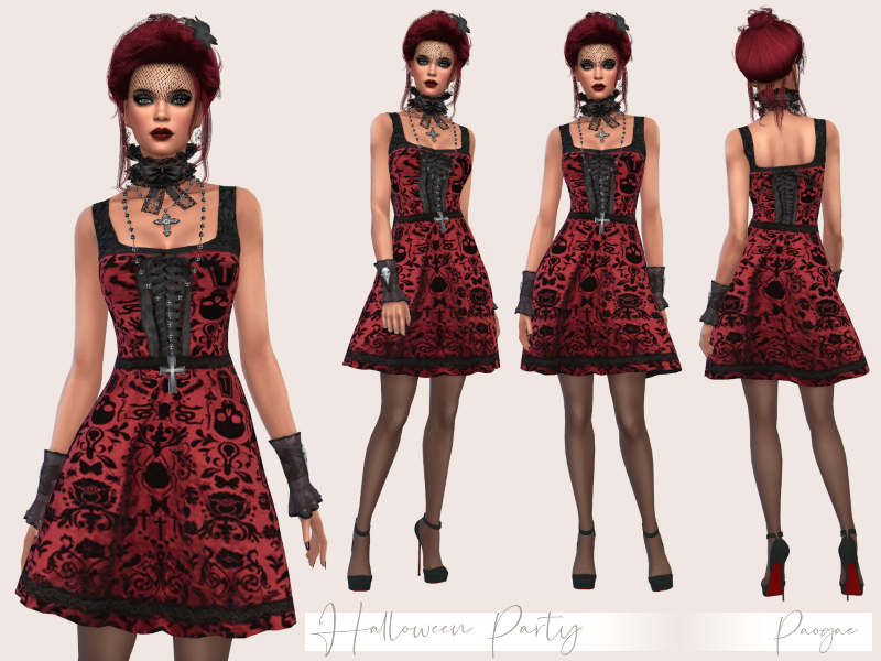 Eine Sim, die ein schwarzes und rotes Korsett-Kleid mit Schädeln, Knochen und Schlangenmustern auf ihrem Kleid trägt