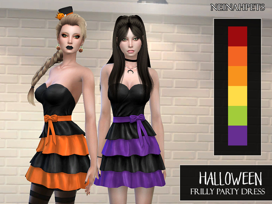 Zwei Sims tragen das Halloween-Frilly-Party-Kleid CC. Dieses Kleid hat einen schwarzen Sweetheart-Ausschnitt mit einem gestuften Rüschenrock und einer Schleife über der Taille