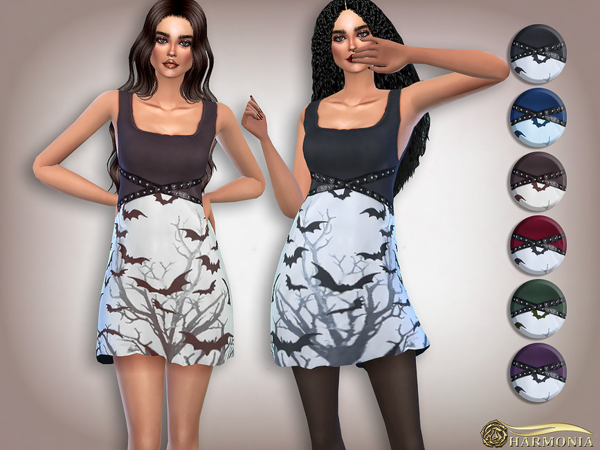 Zwei Sims, die ein Kleid mit einem schlichten kastenförmigen Oberteil und einem unteren Teil mit Bäumen und Fledermäusen tragen