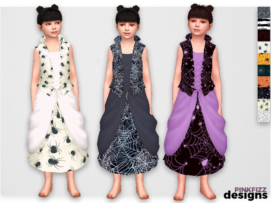 Dreimal die gleiche Sim, die das Sims-4-CC-Kleid mit einer Korsettweste und puffigem Unterteil mit Spinnweben und Spinnenmustern trägt