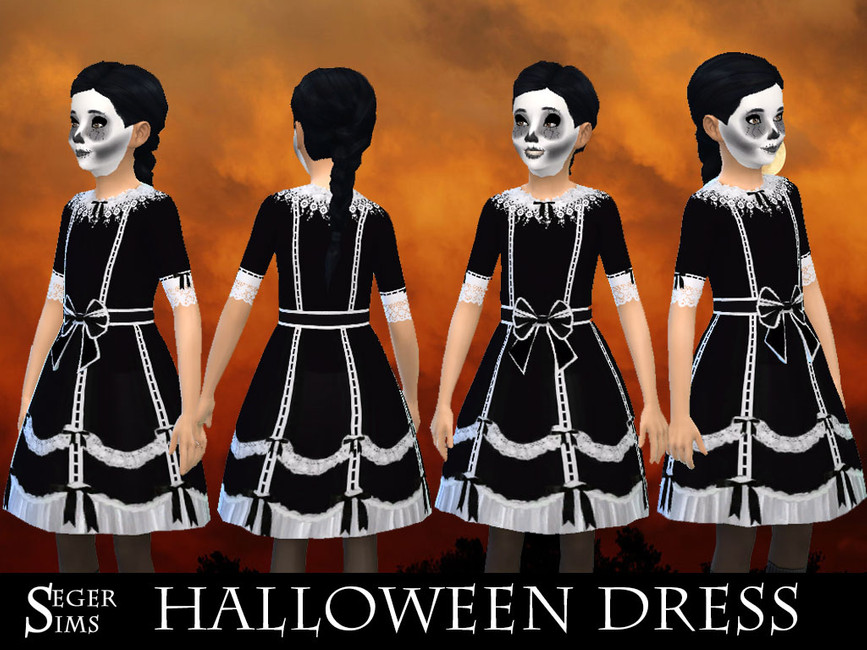 Ein Sim mit Skelett-Make-up, der ein gruseliges schwarzes und weißes Sims 4 CC Halloween-Kleid trägt