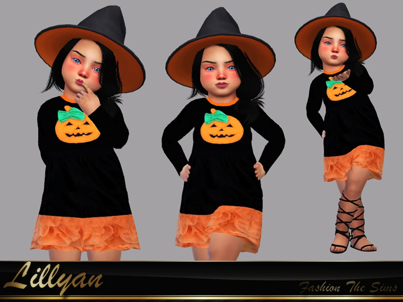 Die gleiche Sim dreimal, die ein Sims 4 CC Halloween-Kleid trägt. Das Kleid ist langärmelig und schwarz, mit Orange unten. Es hat einen orangefarbenen Kragen und einen Kürbis auf der Brust.