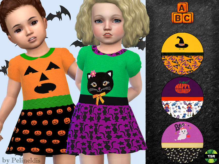 Zwei Kleinkinder in einem Sims 4 CC Halloween-Kleid. Dieses Kleid hat Variationen, bei denen die Brust wie ein Kürbis, eine Hexe oder ein Geist aussieht.