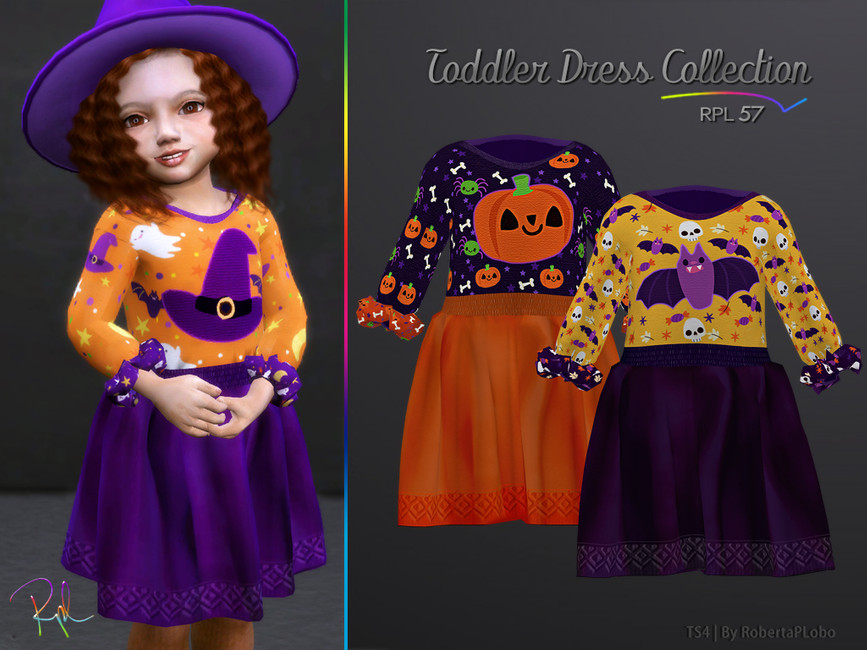 Ein Kleinkind, das ein gemustertes CC-Kleid mit Halloween-Hüten trägt
