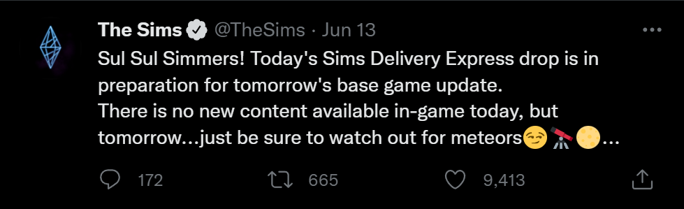 @TheSims-Twitter-Account neckt die Ergänzung des Sims 4-Todes durch Meteorit