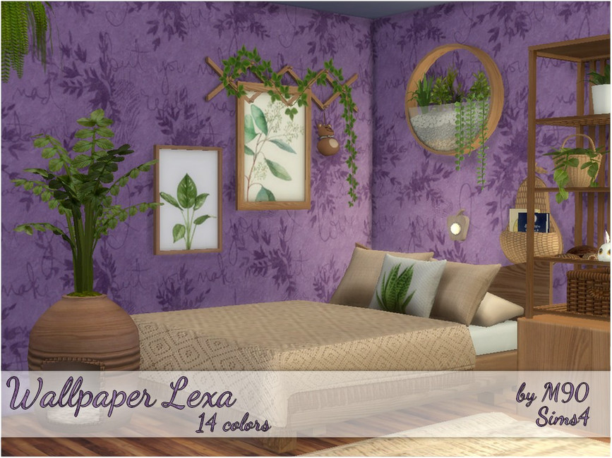 Ein Raum in Die Sims 4 mit lila CC-Hintergrundbild. Das Hintergrundbild hat Blumen und Blätter, es gibt ein Bett vorne, ein Bücherregal rechts und eine Pflanze links.