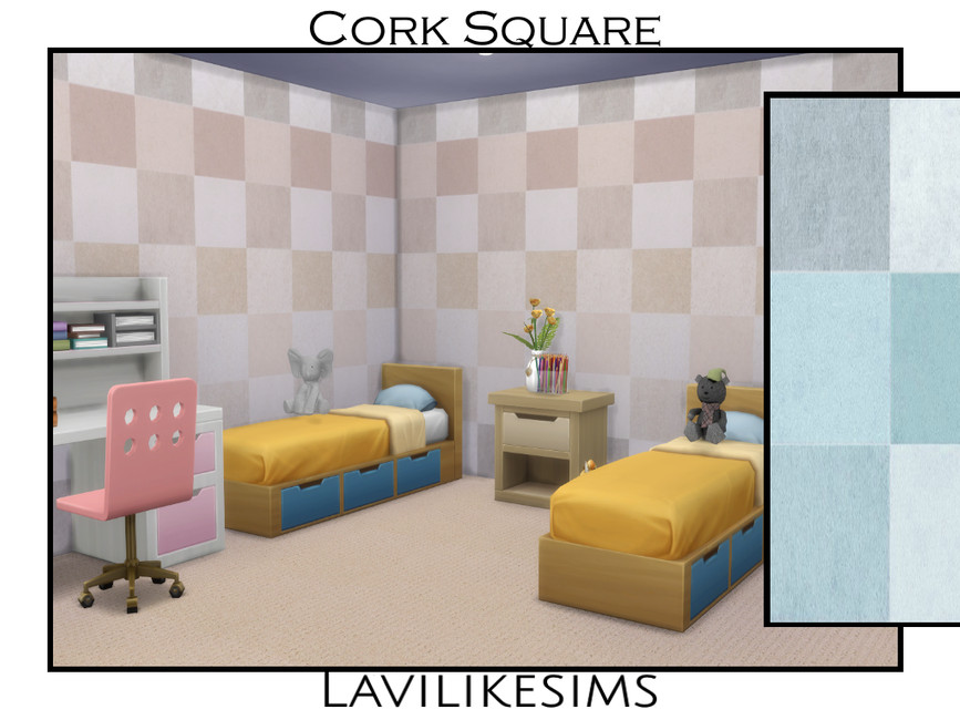 Ein Kinderzimmer für zwei Kinder mit zwei Einzelbetten und einem Beistelltisch dazwischen. Es gibt einen Schreibtisch mit einem rosa Schreibtischstuhl und einer karierten Sims 4 CC Tapete.