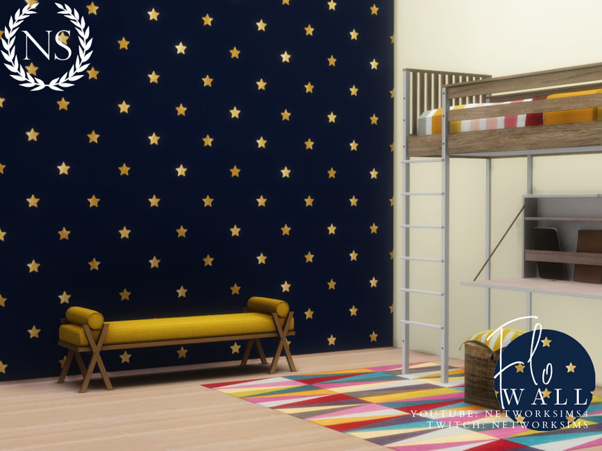 Ein Zimmer mit einer kleinen Bank und einem Etagenbett mit einem Schreibtisch darunter. Dieses Zimmer hat eine schwarze und goldene Sternentapete.