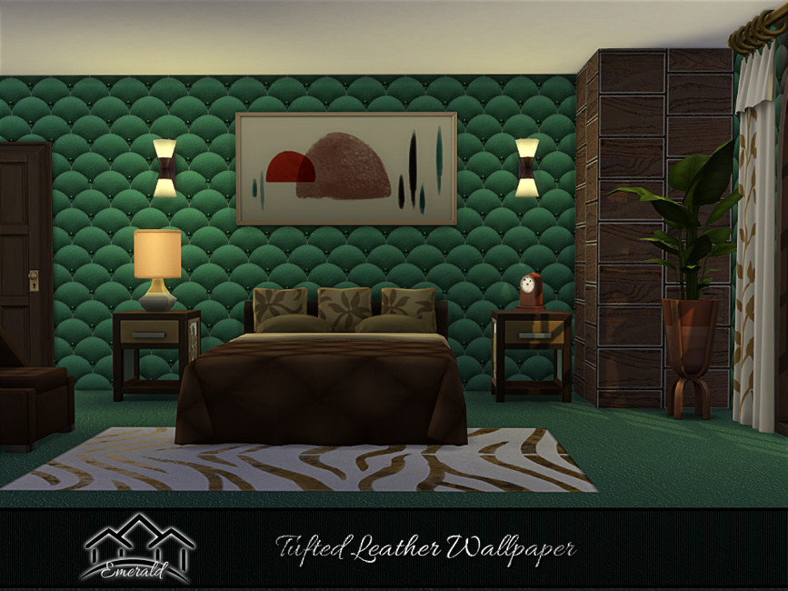 Ein dunkler Raum in Die Sims 4 mit gesteppter CC-Tapete in einem dunklen Grün. Es gibt grüne Böden und einen gold-weißen Zebra-Print-Teppich.