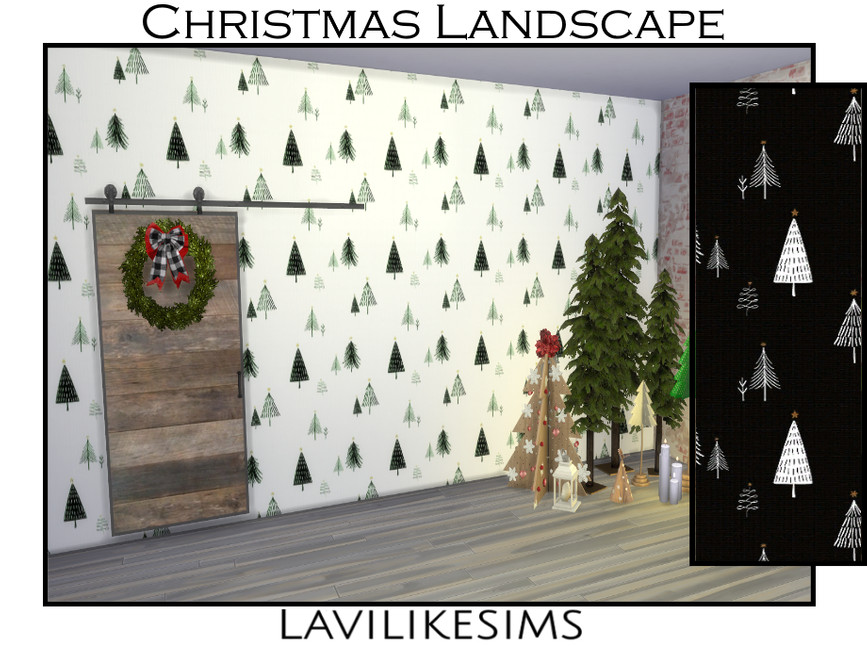 Ein Raum mit Weihnachtsdekorationen und einer holzbarnartigen Tür. Die Wände sind mit Sims 4 CC-Tapete mit kleinen Weihnachtsbäumen bedeckt.