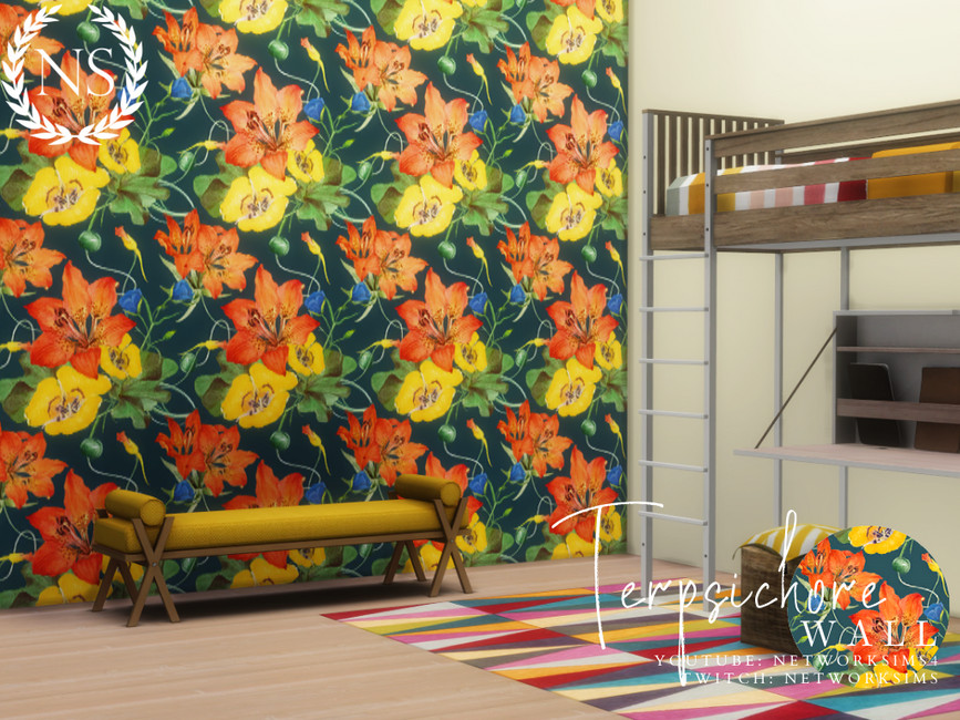 Ein Kinderzimmer in Die Sims 4 mit CC-Tapete an einer Wand. Die Tapete ist mit Blumen bedeckt.