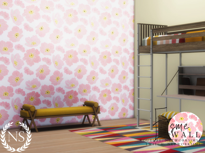 Ein Kinderzimmer mit einem Hochbett mit einem Schreibtisch darunter, an der Seite mit floraler cc sims 4 Tapete.