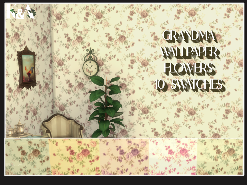 Ein Raum mit älter aussehenden Dekorationen und einer geschäftig aussehenden floralen Tapete.