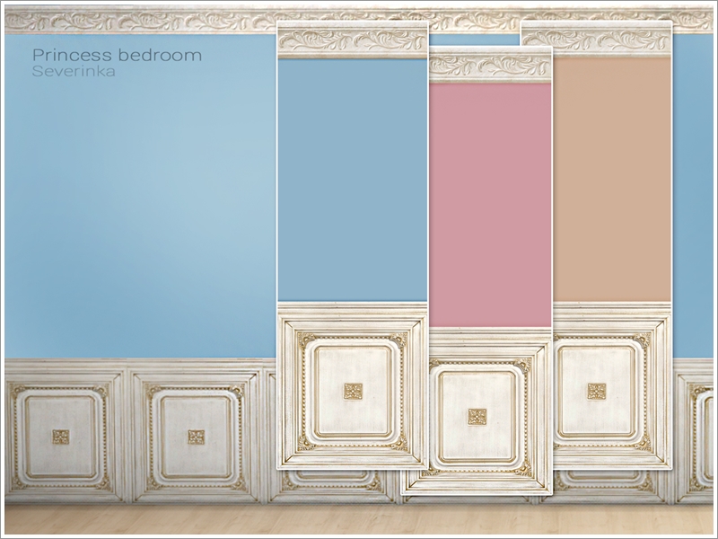 Ein Schlafzimmer mit hellen Holzpaneelen unten und einer aufwendigen Verzierung oben sowie leuchtenden Farben im Rest. Eine wunderschöne Sims 4 CC Tapete