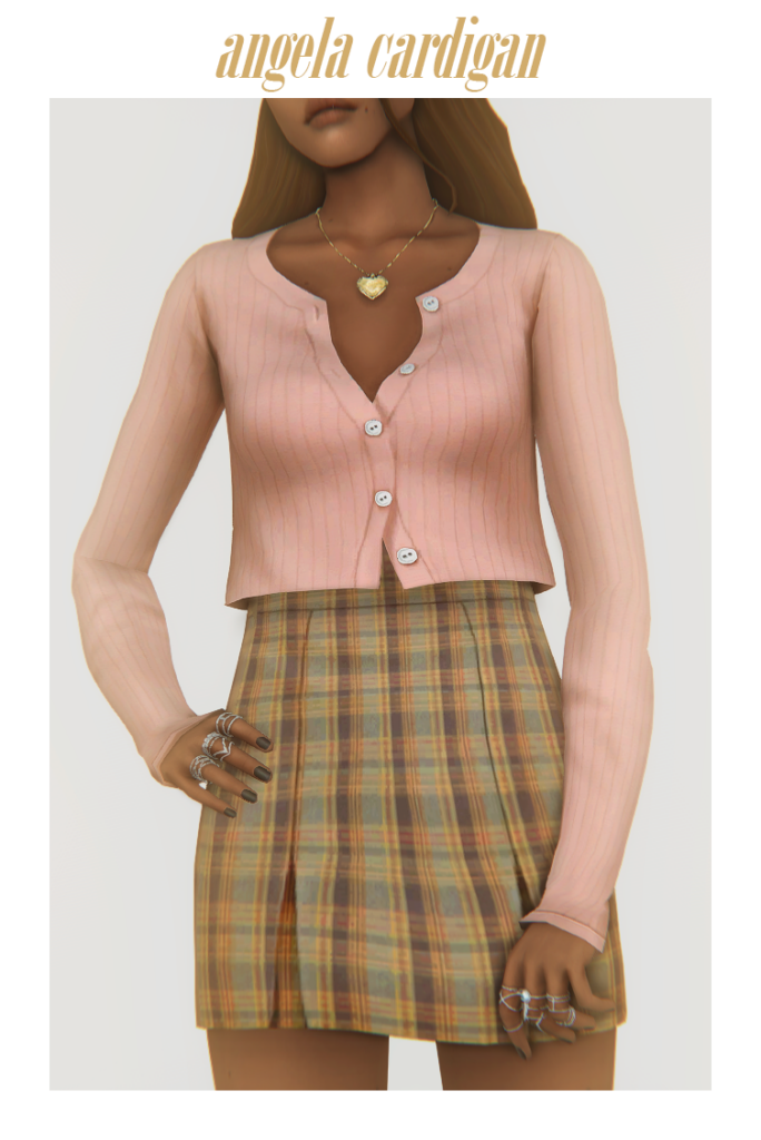 Eine schöne verkürzte Strickjacke in einem hellen Rosa mit nur den beiden mittleren Knöpfen zugeknöpft. Es ist langärmlig und der Sim trägt sie mit einem karierten Rock.