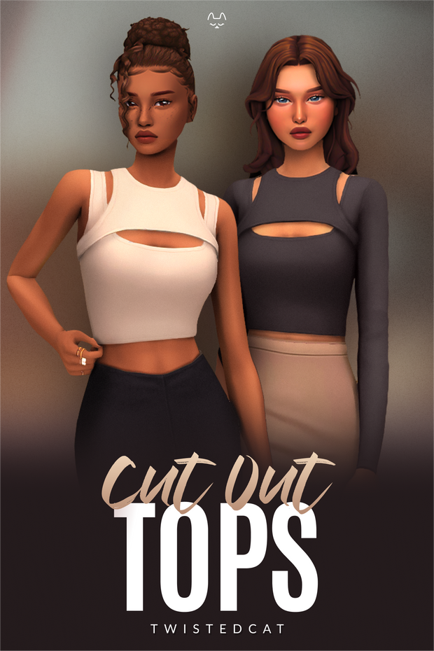 Zwei Sims mit frechen Blicken auf dem Gesicht tragen verschiedene Versionen von ausgeschnittenen Oberteilen, bei denen Ausschnitte auf den Schultern und einer auf der Brust vorhanden sind.