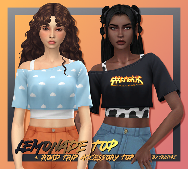 Zwei Sims, einer mit lockigem Haar und der andere mit glattem Haar. Sie tragen verschiedene Muster desselben Tops, das aus einem abgeschnittenen T-Shirt auf einem abgeschnittenen Tanktop besteht.
